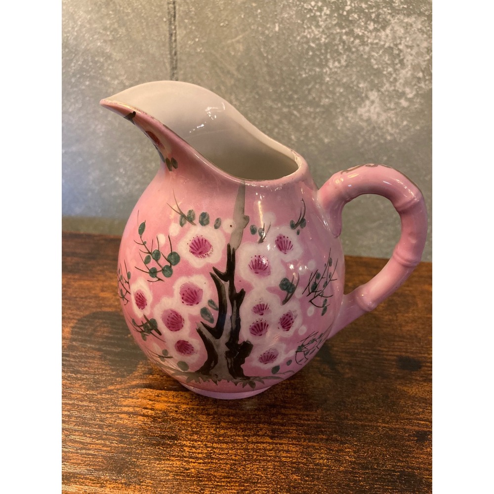 Vintage Pink Cherry Blossom Ceramic Pitcher Hand Painted Gold Trim